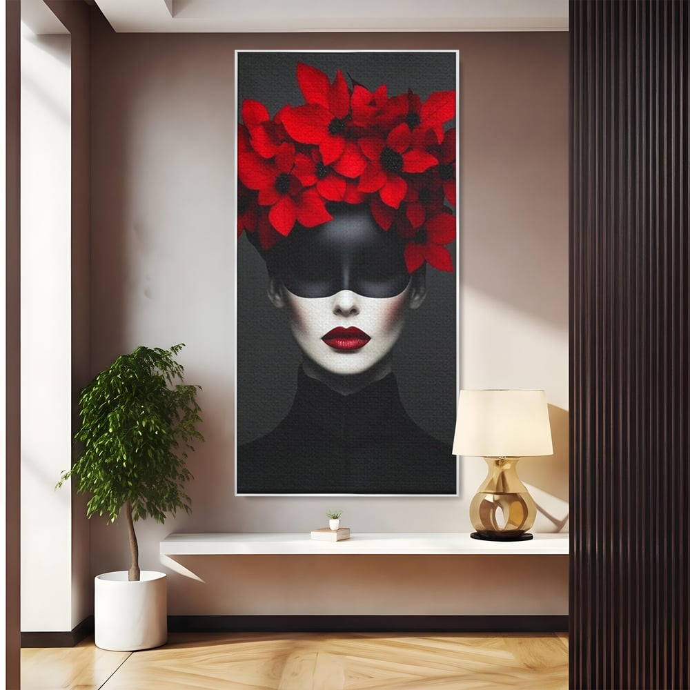 Tablou canvas cu tablou canvas cu femeie mascata si flori rosii, in rama de aluminiu argintiu